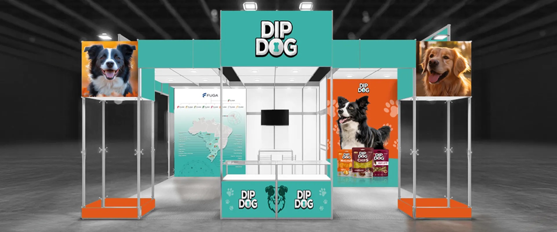w3com_site_case_dip_dog_05 Estande de feira de negócios da marca Dip Dog nas cores verde água e branco com totens iluminados exibindo fotos de cachorros de grande porte