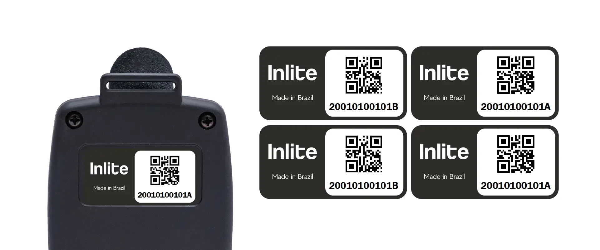 w3com_site_case_etquetas_personalziadas_06 Dispositivo eletrônico preto com etiqueta adesiva Inlite ao lado de quatro amostras de etiquetas quadradas com QR code impresso