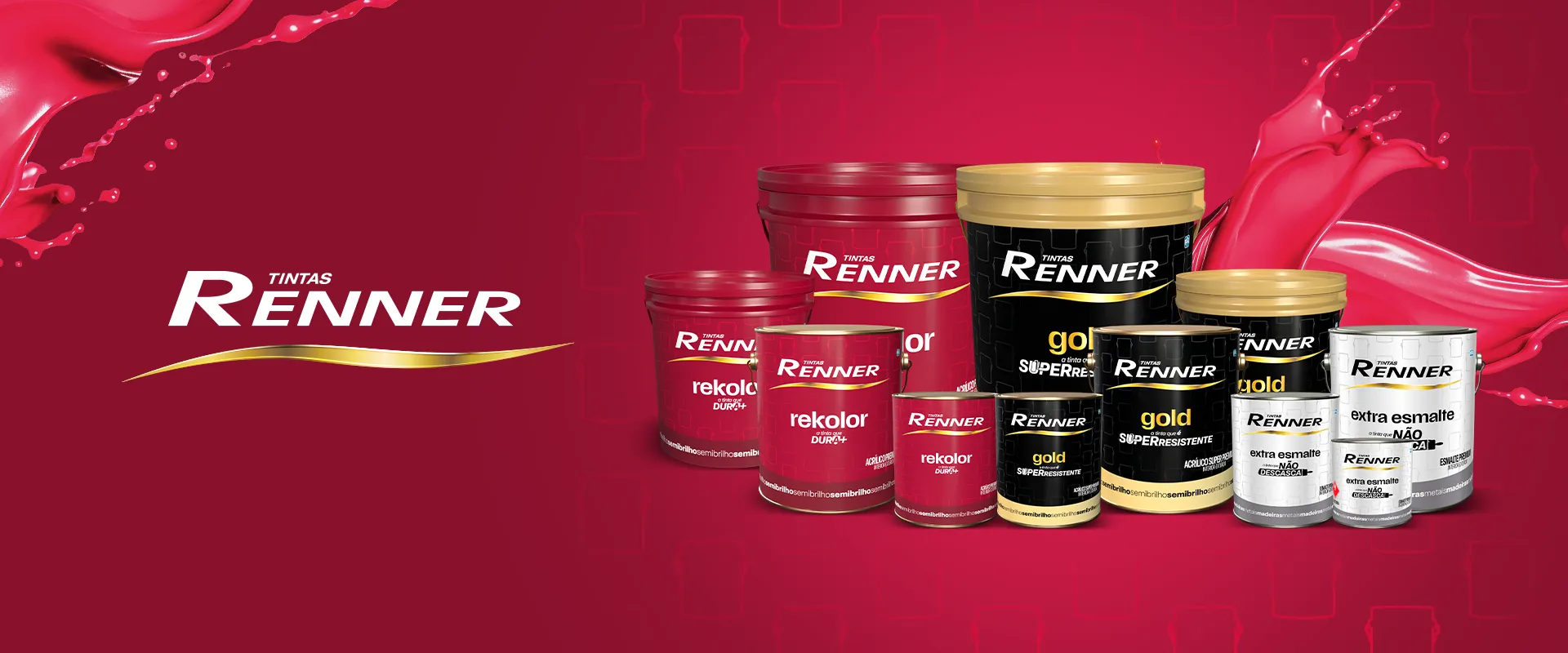 w3com_site_case_tintas_renner_topo Logotipo dourado da Tintas Renner posicionado ao lado de latas e galões de tintas industriais vermelhas, pretas e brancas sobre fundo vermelho com respingos metálicos